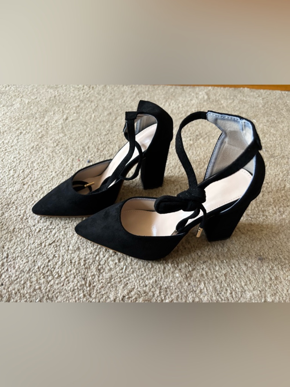 Black Suede Block Heel Shoes with Ankle Strap